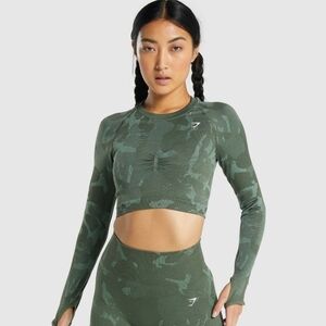 Gymshark Top Womens Small Green Adapt Camo Seamless Long Sleeve Crop Gym